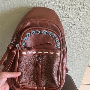 #1347=Brown Embossed Women's Backpack